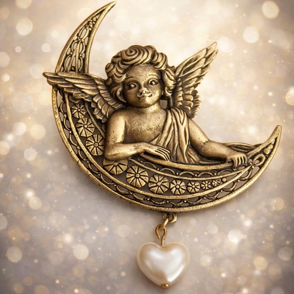 JJ Jonette Bronze Tone Cherub‎ on Crescent Moon Brooch Dangling Pearl Heart